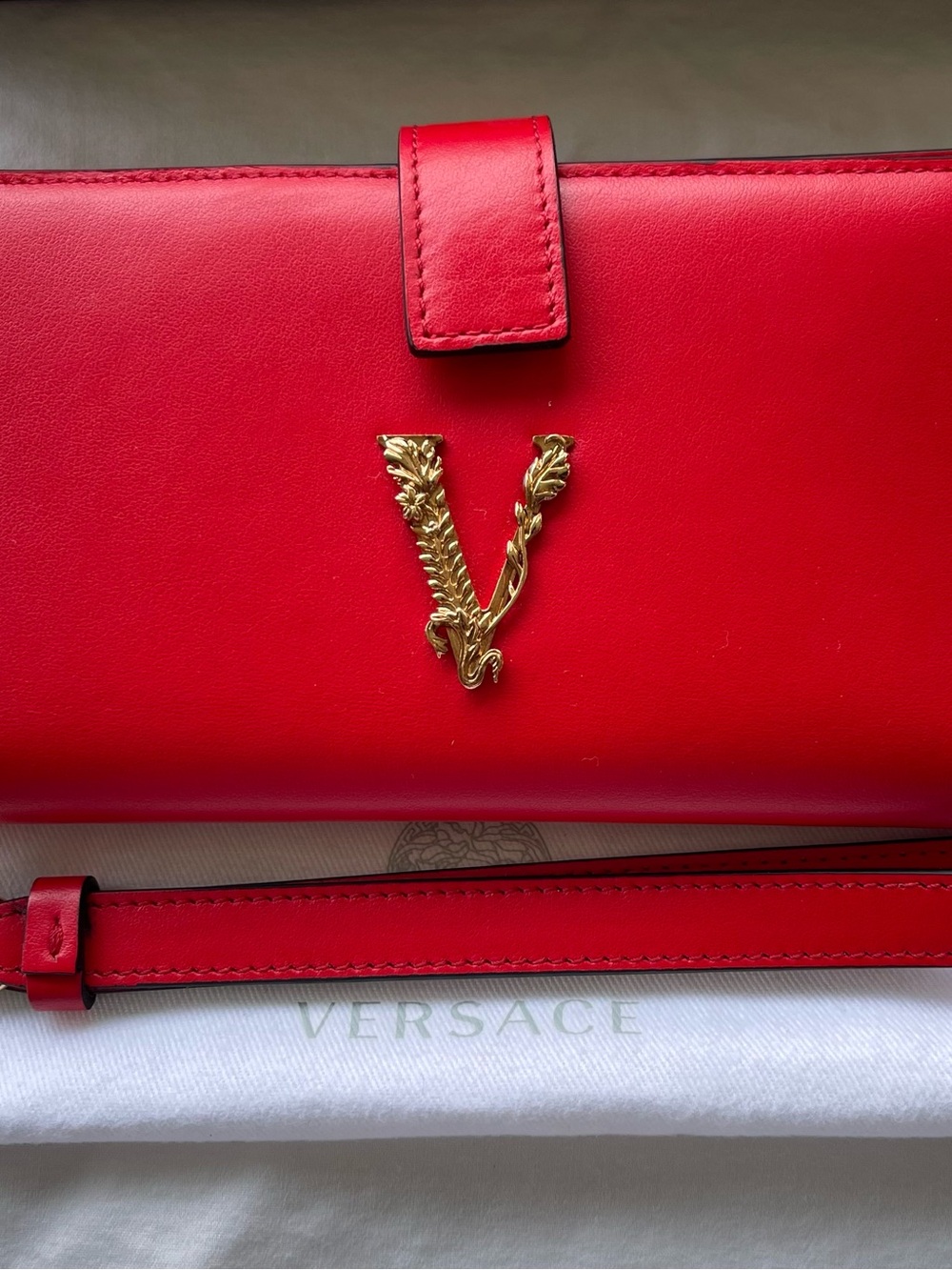Versace Red Leather V-Emblem wallet with Gold Hardware and removable wrist strap